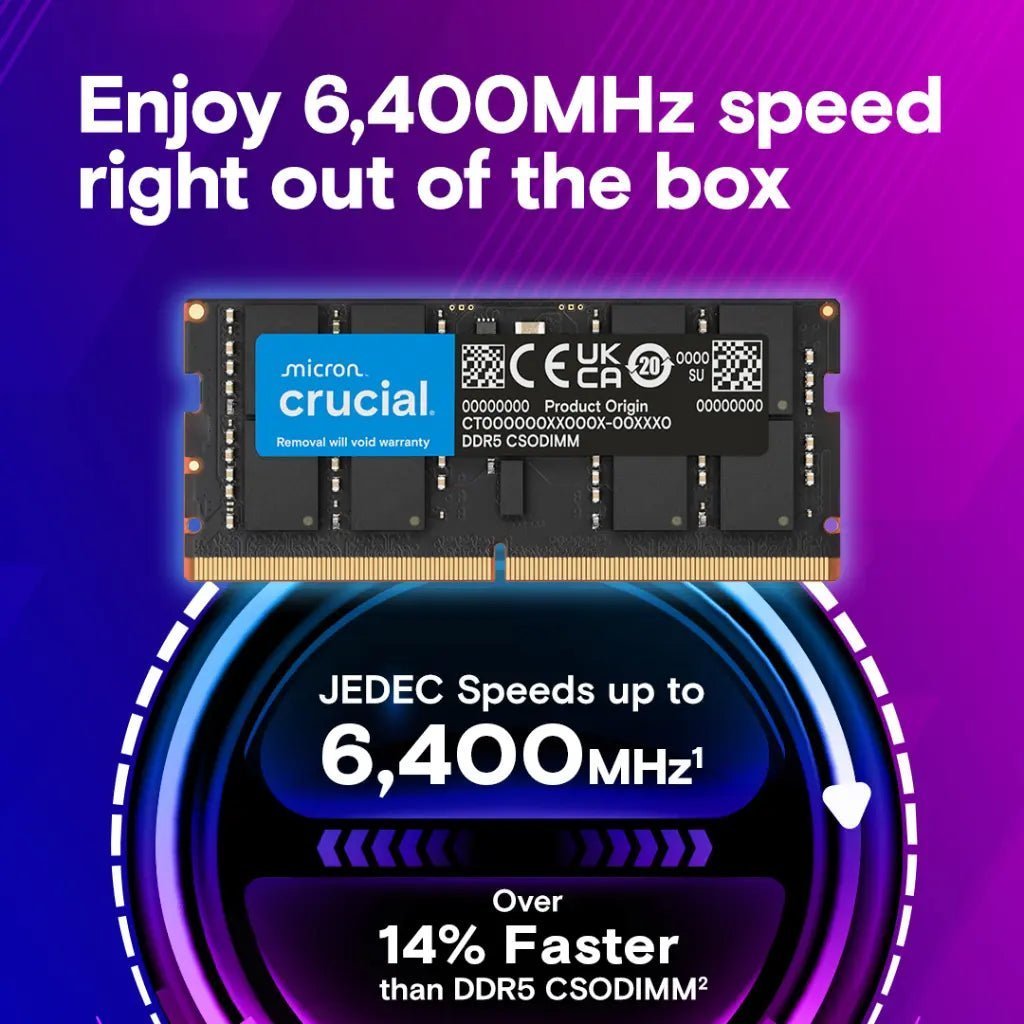 Crucial 16GB DDR5 6400MHz CL52 262-Pin SODIMM Laptop Memory Module Crucial 16GB DDR5 6400MHz CL52 262-Pin SODIMM Laptop Memory Module