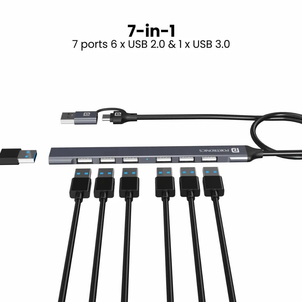 Portronics Mport 7 (POR 1792) 7-Port USB Hub with Type-C and USB-A Convertible Connectors