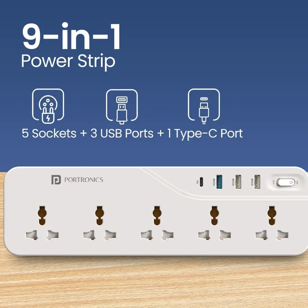 Portronics Power Plate 22 Extension Board with 20W Type-C PD Fast Charging and Multiple Sockets