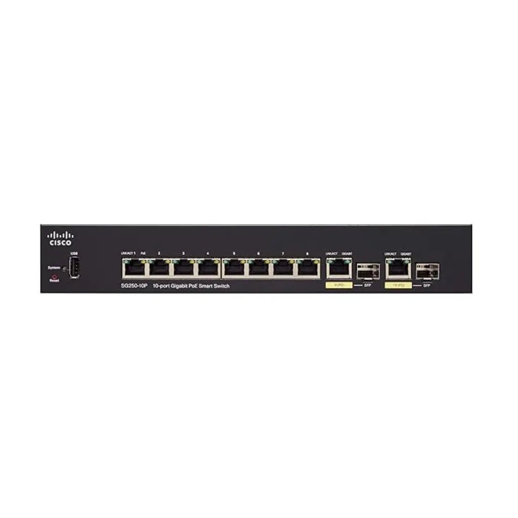 Cisco SG250-10P 10-Port Gigabit Smart Managed Switch with 8-Port PoE+ and 2 Combo SFP Uplink Ports