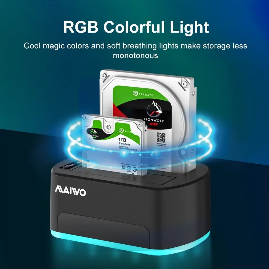 MAIWO K3062B Dual Bay USB 3.0 to SATA Hard Drive Docking Station with RGB Lighting and 32TB Capacity Support MAIWO K3062B Dual Bay USB 3.0 to SATA Hard Drive Docking Station with RGB Lighting and 32TB Capacity Support