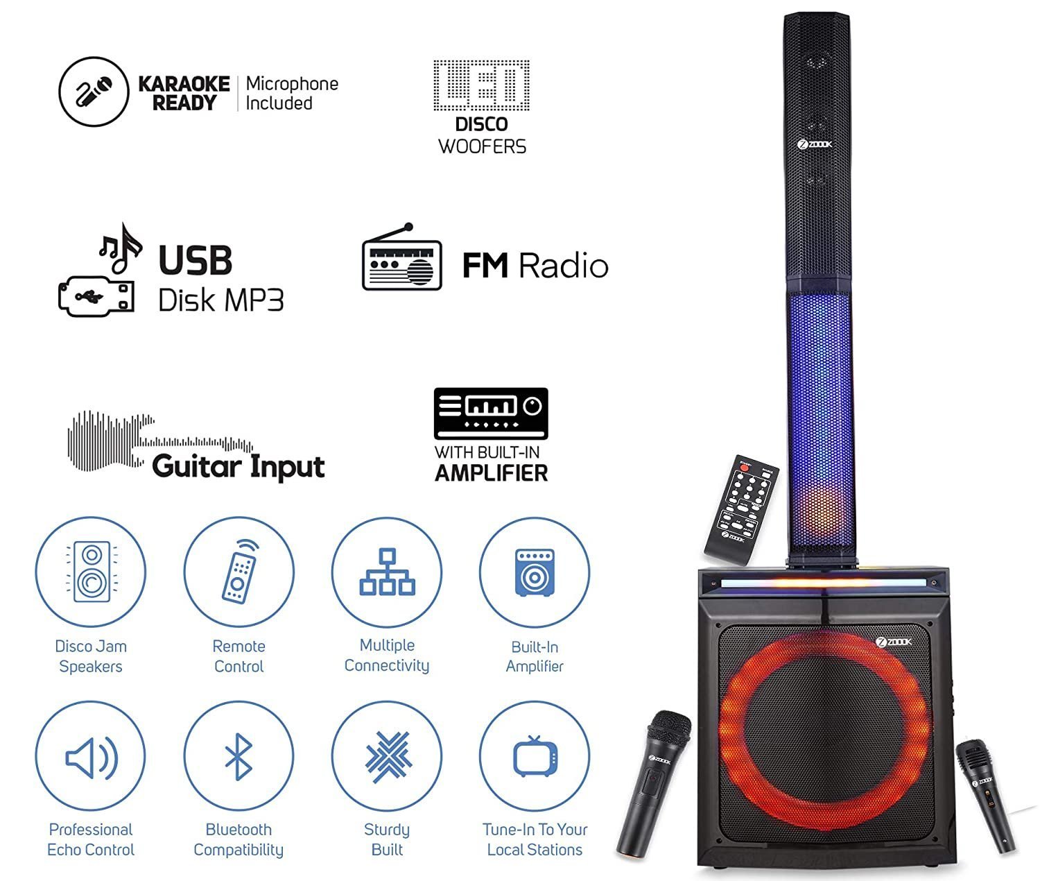 Zoook Party Rocker 100 Watts Bluetooth Party Speaker with Professional Class D Amplifier- 1 Wired & 1 Wireless Mic (Black) Zoook Party Rocker 100 Watts Bluetooth Party Speaker with Professional Class D Amplifier- 1 Wired & 1 Wireless Mic (Black)