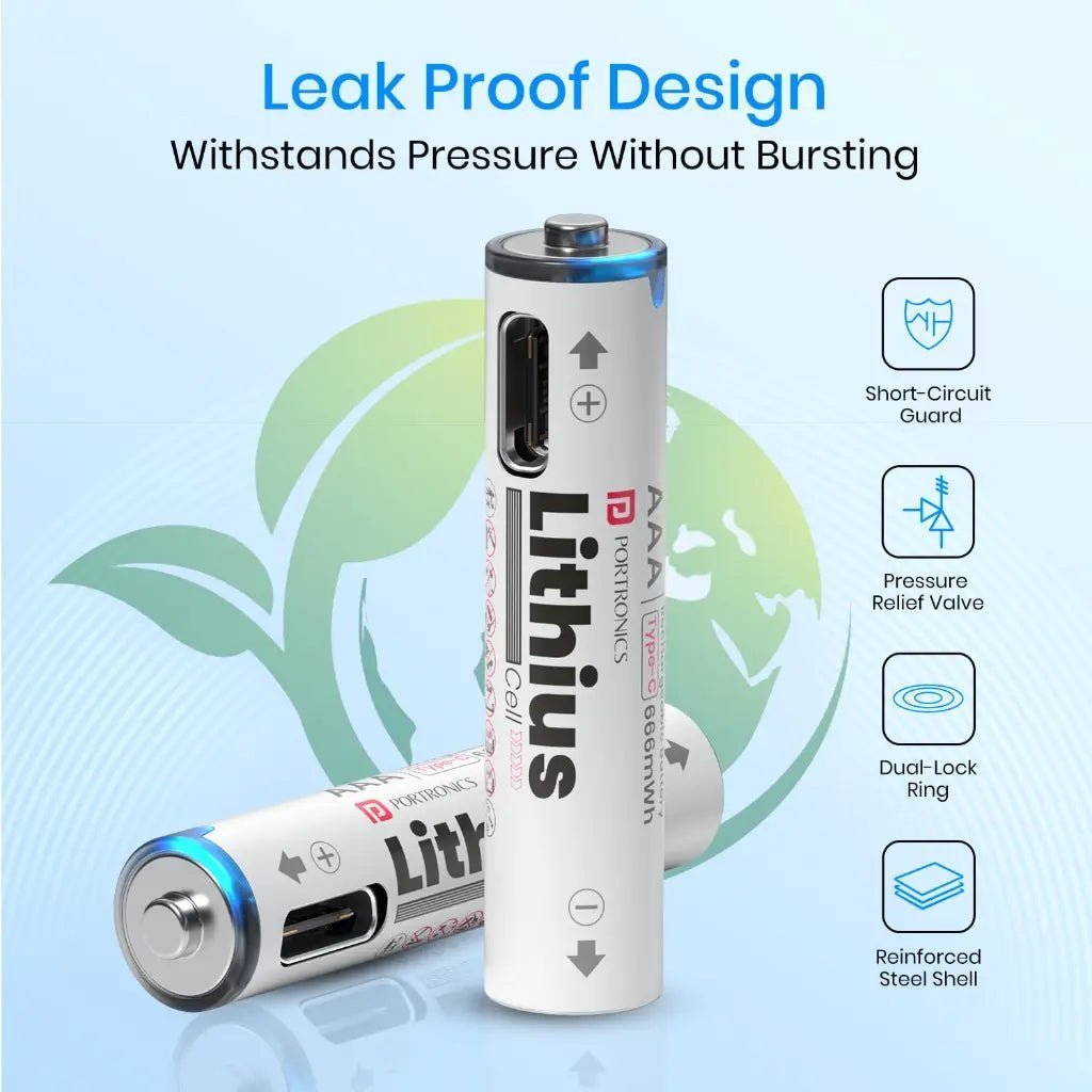 Portronics Lithius AAA USB-C Rechargeable Lithium-Ion Battery (440mAh) with LED Charging Indicator Portronics Lithius AAA USB-C Rechargeable Lithium-Ion Battery (440mAh) with LED Charging Indicator