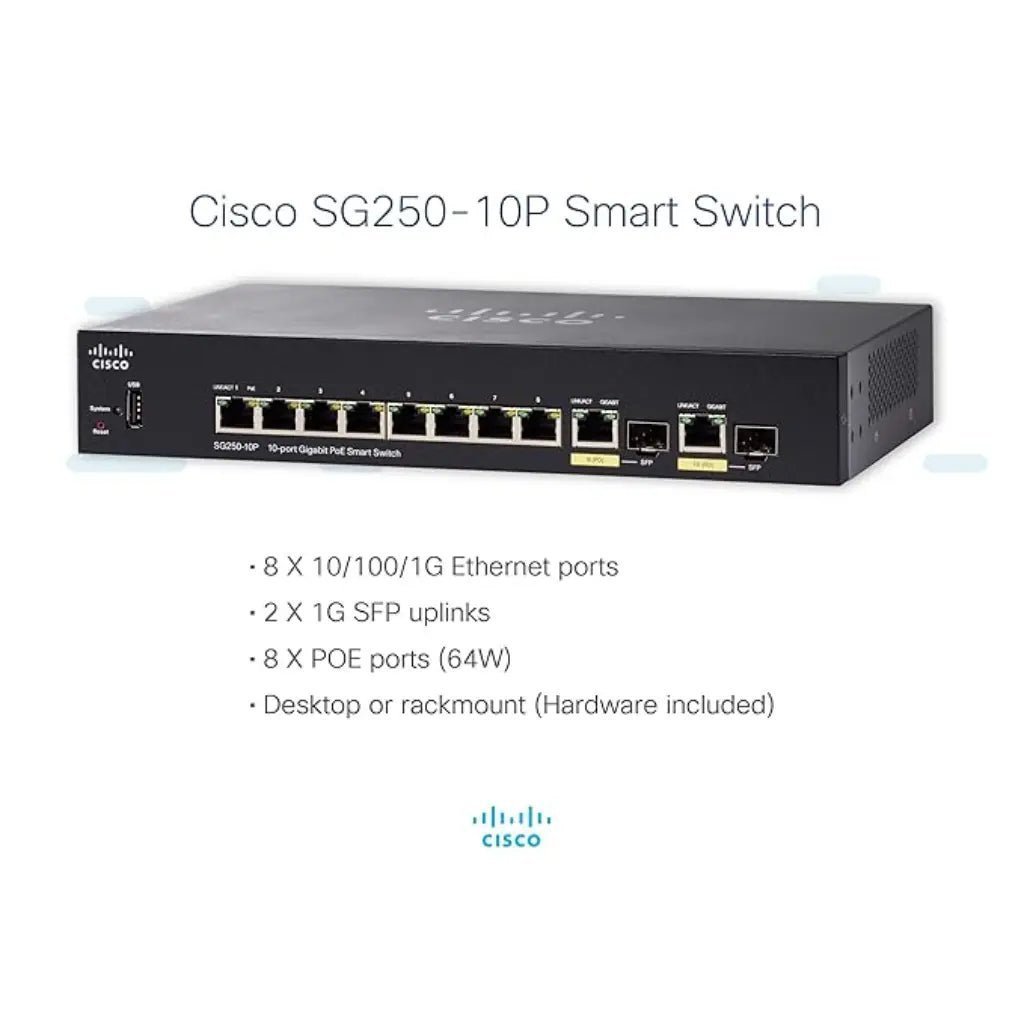 Cisco SG250-10P 10-Port Gigabit Smart Managed Switch with 8-Port PoE+ and 2 Combo SFP Uplink Ports
