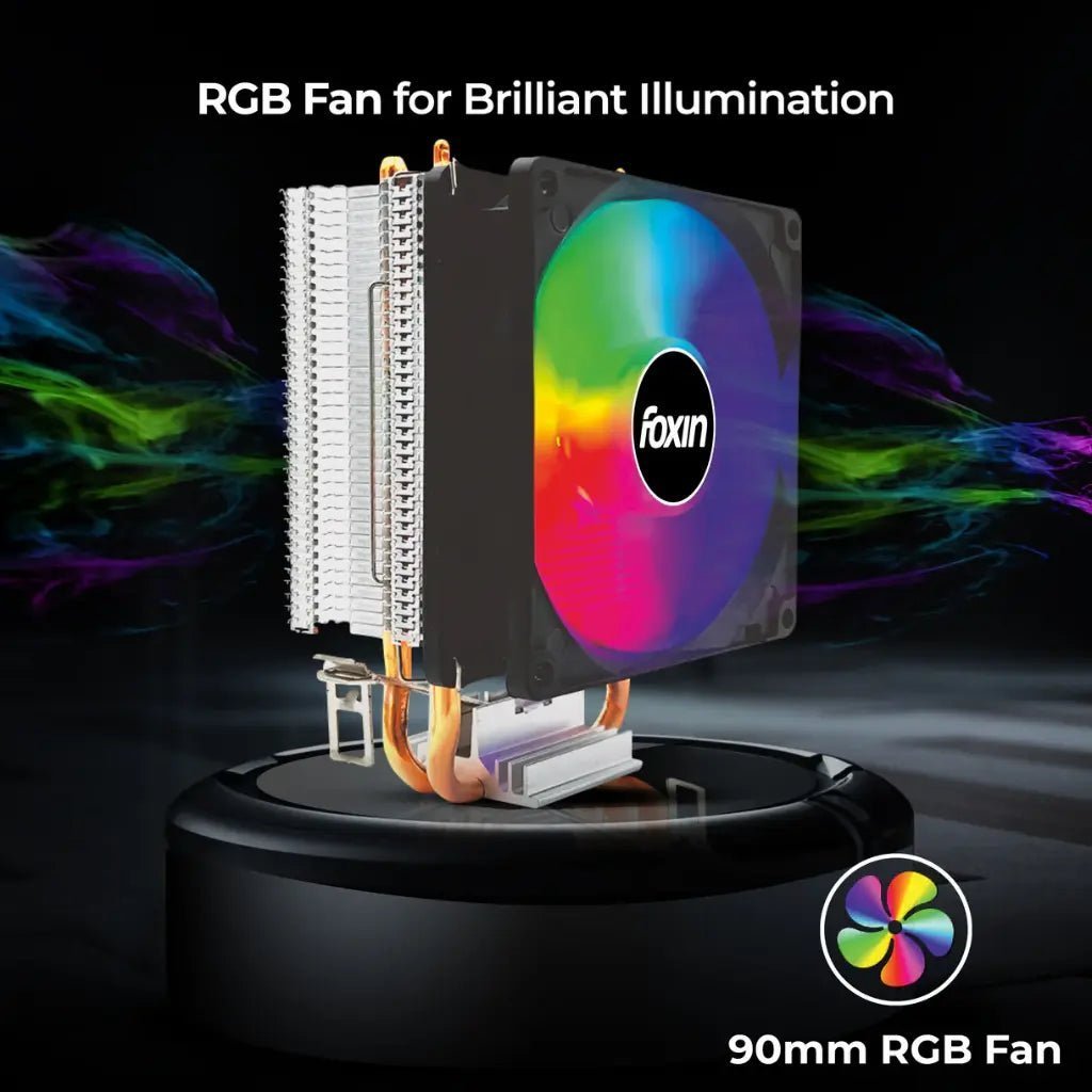 Foxin FCF 003 90mm RGB CPU Cooling Fan with 1800 RPM and Dual Copper Heat Pipes Foxin FCF 003 90mm RGB CPU Cooling Fan with 1800 RPM and Dual Copper Heat Pipes