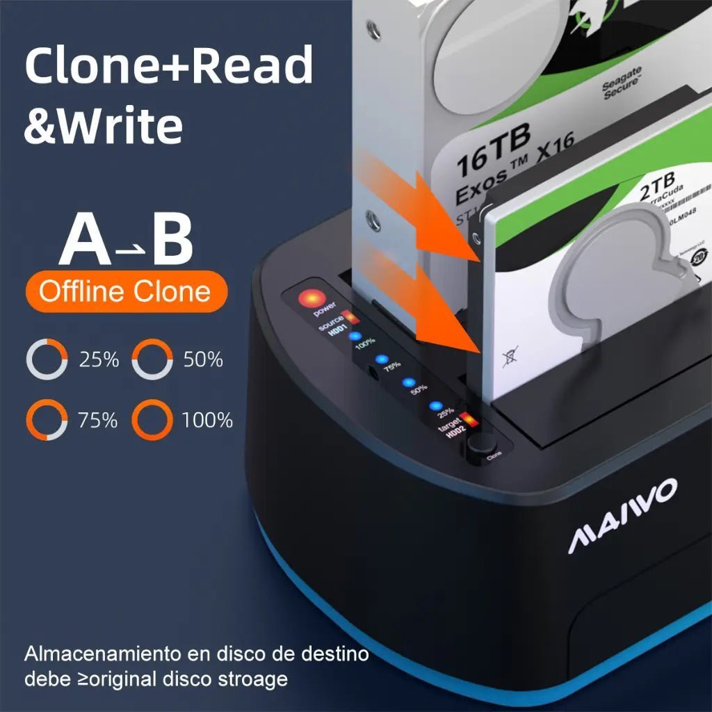 MAIWO K3062B Dual Bay USB 3.0 to SATA Hard Drive Docking Station with RGB Lighting and 32TB Capacity Support MAIWO K3062B Dual Bay USB 3.0 to SATA Hard Drive Docking Station with RGB Lighting and 32TB Capacity Support