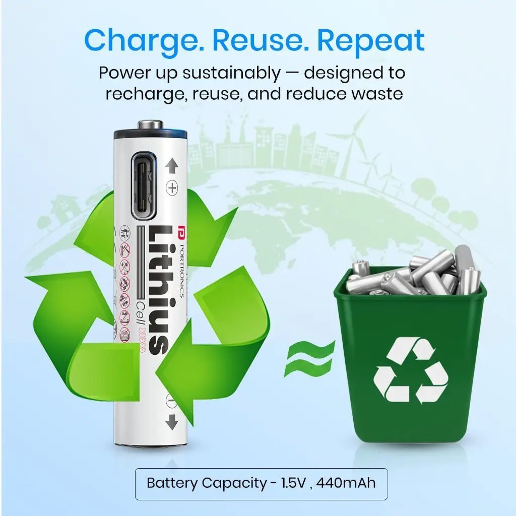 Portronics Lithius AAA USB-C Rechargeable Lithium-Ion Battery (440mAh) with LED Charging Indicator Portronics Lithius AAA USB-C Rechargeable Lithium-Ion Battery (440mAh) with LED Charging Indicator