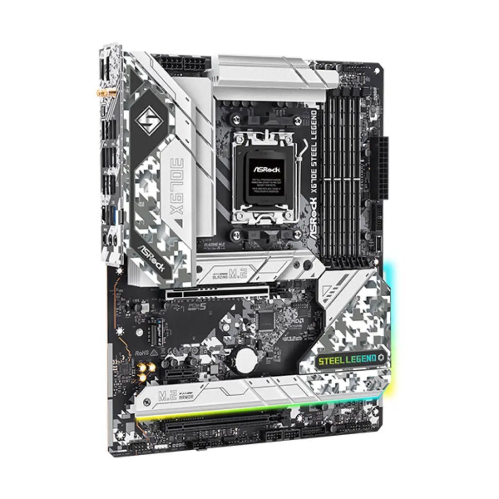 ASRock X670E Steel Legend Wi-Fi 6E AMD AM5 DDR5 ATX Motherboard with PCIe 5.0 Support ASRock X670E Steel Legend Wi-Fi 6E AMD AM5 DDR5 ATX Motherboard with PCIe 5.0 Support
