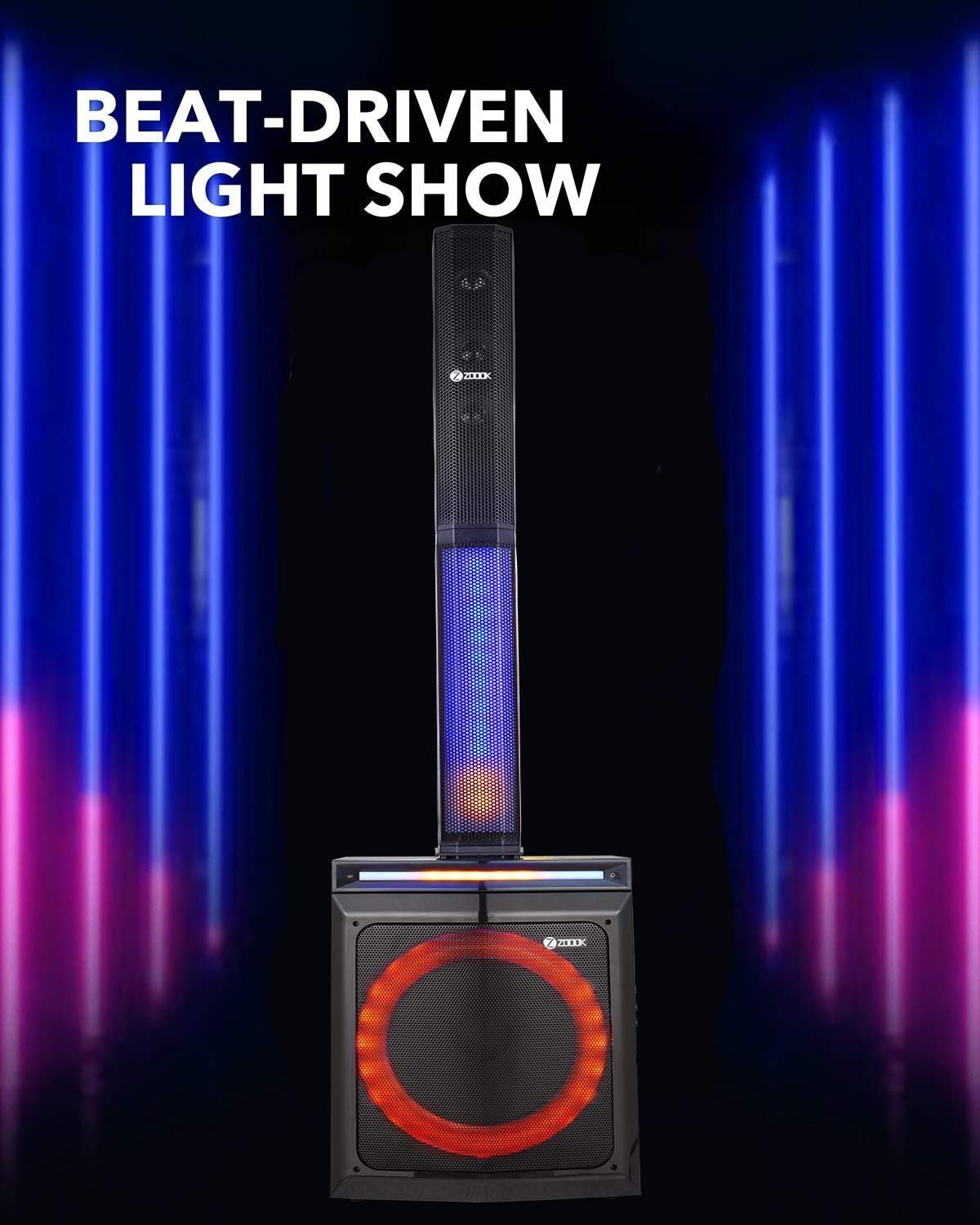 Zoook Party Rocker 100 Watts Bluetooth Party Speaker with Professional Class D Amplifier- 1 Wired & 1 Wireless Mic (Black) Zoook Party Rocker 100 Watts Bluetooth Party Speaker with Professional Class D Amplifier- 1 Wired & 1 Wireless Mic (Black)