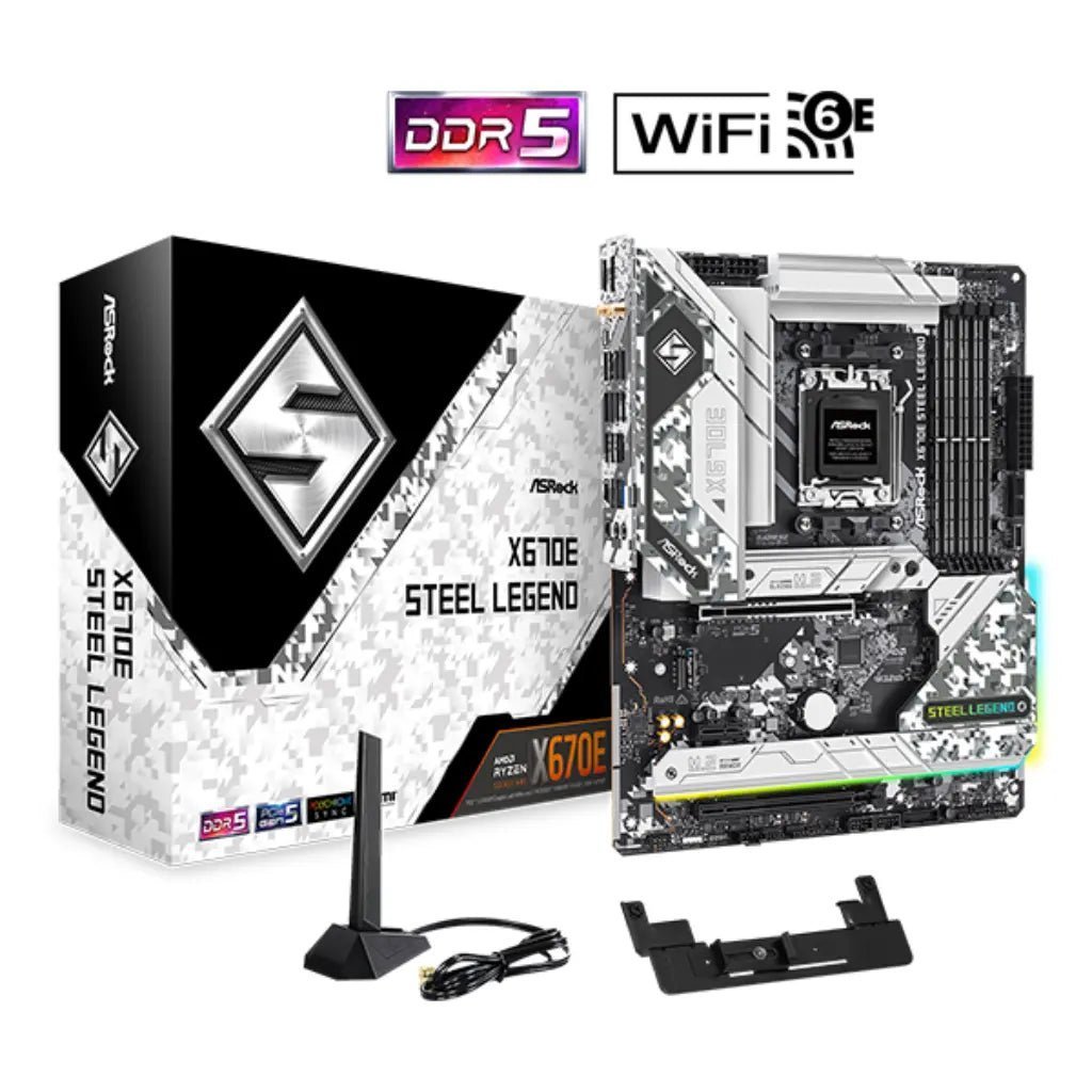 ASRock X670E Steel Legend Wi-Fi 6E AMD AM5 DDR5 ATX Motherboard with PCIe 5.0 Support ASRock X670E Steel Legend Wi-Fi 6E AMD AM5 DDR5 ATX Motherboard with PCIe 5.0 Support