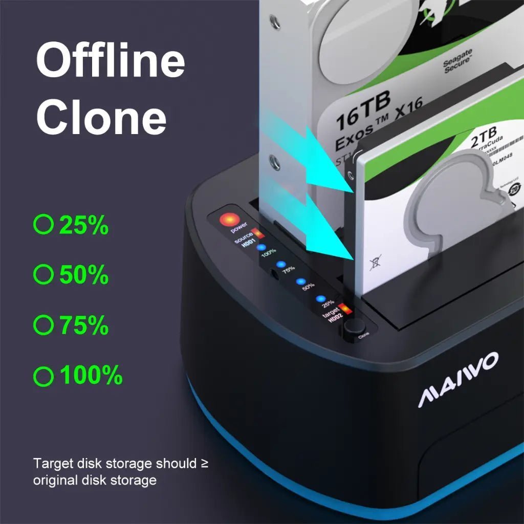 MAIWO K3062B Dual Bay USB 3.0 to SATA Hard Drive Docking Station with RGB Lighting and 32TB Capacity Support MAIWO K3062B Dual Bay USB 3.0 to SATA Hard Drive Docking Station with RGB Lighting and 32TB Capacity Support