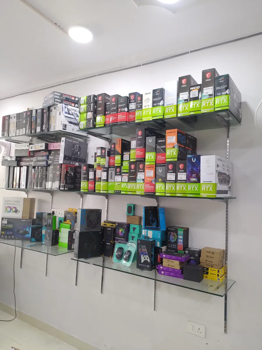 Graphics cards, motherboards, gaming peripherals and coolers in stock on display shelves at Computer Selection