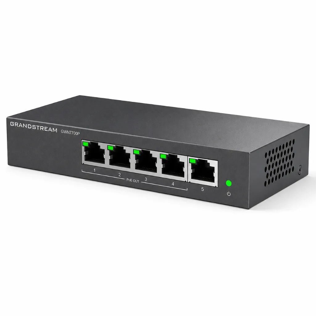 Grandstream GWN7700P 5-Port Gigabit PoE+ Unmanaged Network Switch - High-Performance Desktop Networking Solution Grandstream GWN7700P 5-Port Gigabit PoE+ Unmanaged Network Switch - High-Performance Desktop Networking Solution