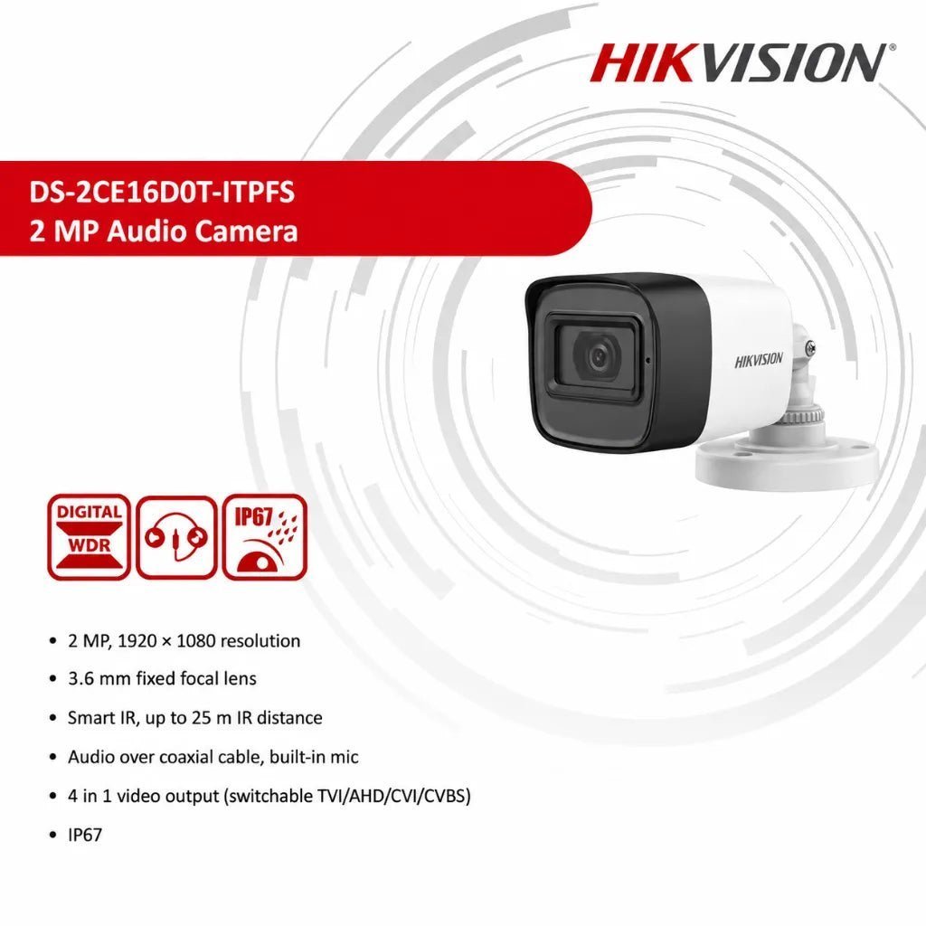 Hikvision DS-2CE16D0T-ITPFS 2MP HD 1080p Fixed Bullet Security Camera with Built-in Microphone Hikvision DS-2CE16D0T-ITPFS 2MP HD 1080p Fixed Bullet Security Camera with Built-in Microphone